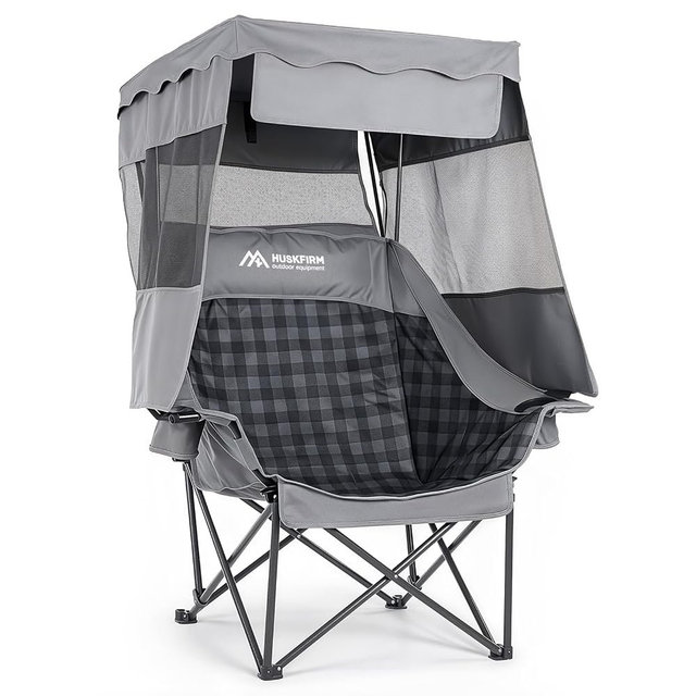 Huskfirm Oversized Camping Chair with Canopy Shade, Folding Beach Chair with Canopy, Heavy Duty Canopy Chair with Cup Holders, Carry Bag, Supports 400 lbs, for Beach, Sports, Fishing, Lawn Grey
