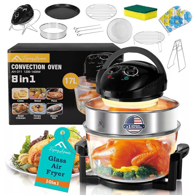 APSARAS USA Upgraded 10 in1 Glass Air Fryer Non Toxic,17 Quart Convection Oven Countertop Air Fryer Glass, Healthy Kitchen Bake,Grill,Steam Broil, & Roast -Includes Glass Bowl,Broil Rack,Toasting Rack