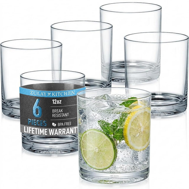 Zulay Kitchen Plastic Drinking Glasses (Set of 6) – 12oz Rocks Acrylic Shatterproof Cups for Home, Kitchen & Outdoors – Crystal Clear Glass Look – BPA & Lead-Free – Top-Rack Dishwasher Safe