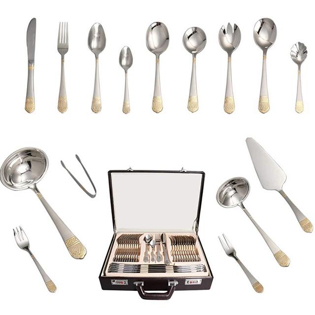 Royal Family Collection 72 Piece Fine Flatware Silverware Set with Gift Carrying Case, Elegant Design, Serves Parties 12 people, Perfect Housewarming Graduation Gift for Loved Ones (Gold Plated)