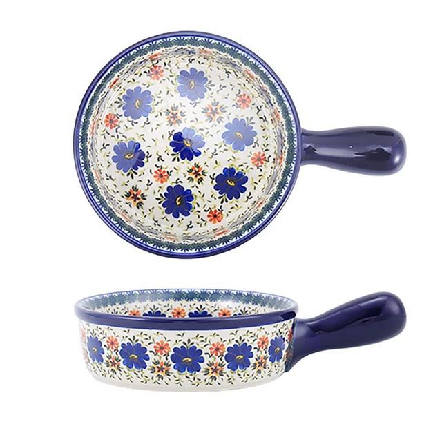 Bicuzat Vintage Style Blue Flowers Phalaenopsis Pottery Bakeware Ceramic Casserole Dish Baking Pan Lasagna Pans Baking Dish with Handles for Oven to Table-1 PCS, 20 OZ