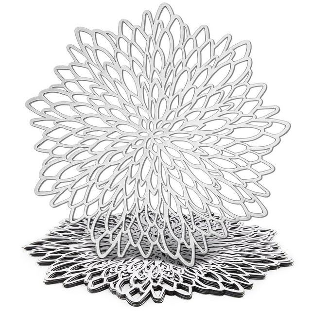 10 Pack Silver Metallic Vinyl Placemats for Christmas, Thanksgiving, Leaf Design (14.4 in)
