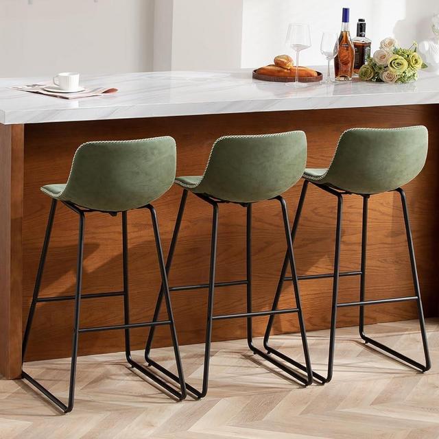 HeuGah Green Bar Stools Set of 3, 30 Inch Counter Height Bar Chair with Metal Legs Faux Leather BarStools for Kitchen Island Modern Tall Bar Counter Chairs (3 Pcs Green, 30 Inch)