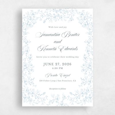 Blue Floral Wedding Invitation - Venado Portrait