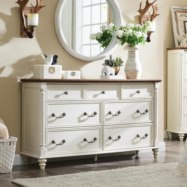 T4TREAM Farmhouse 7 Drawers Dresser Chests for Bedroom w/ 4 Solid Wood Feet & Column Decor, Tall Wide Wood Country Rustic Chest of Drawers, Storage Dressers for Bedroom, Living Room, Antique White