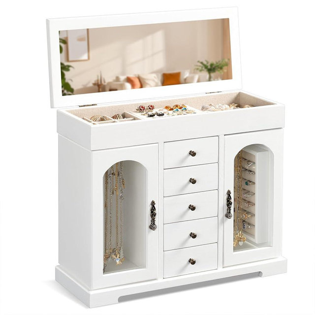 Miratino Jewelry Box for Women Girls, Wooden Jewelry Organizer Box with Mirror, 5 Layer Jewelry Storage Case Display for Necklaces Earrings Rings Bracelets Valentine's Day Gifts