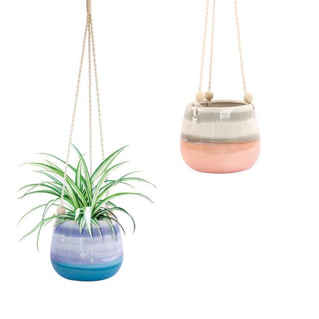 Ceramic Hanging Planter | Blue Succulent Pots | Round Plant Holder Container | Cactus Pot with Cotton Rope Hanger | Indoor Outdoor Decor | 23 Bees (1 Pack x Blue Horizon)