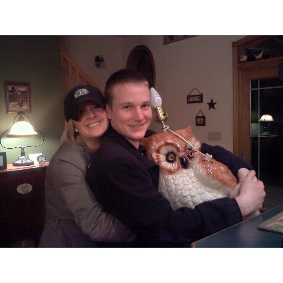 One of our first pictures together. That damn owl lamp still haunts me