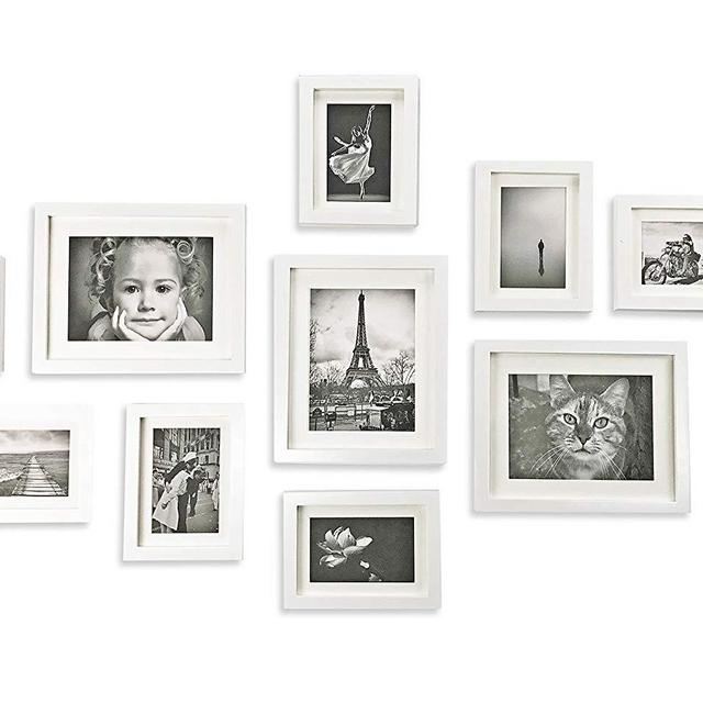 Ray & Chow White Photo Picture Gallery Wall Frame Set - Solid Wood- 11 Frames - Glass Window- With White Picture Mats - Frame Width 2cm