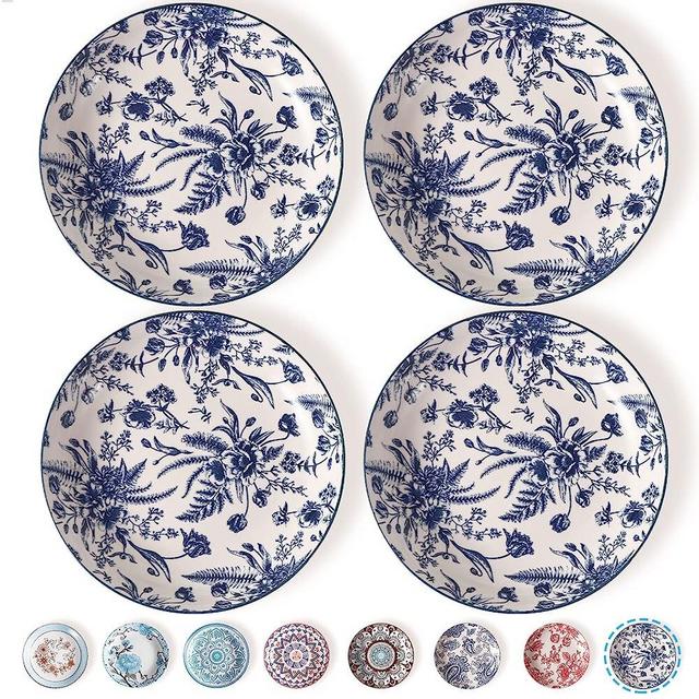Artena Pasta Bowls Set Of 4, 26oz Porcelain Salad Bowls, 8 Inch Bowls For Kitchen, Colorful Dinner Plates, Serving Bowls For Entertaining, Shallow Bowl For Eating, Microwave, Oven Safe, Blue Flower