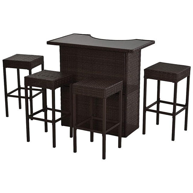 Outsunny 5 Pcs Rattan Wicker Bar Set with Glass Top Table and 2 Tier Storage Shelf, 1 Table and 4 Bar Stools for Outdoor, Patio, Garden, Poolside