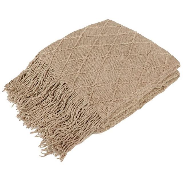PAVILIA Knitted Throw Blanket Fringe Tan Taupe Beige Camel | Decorative Tassel Boho Farmhouse Decor Couch Bed Sofa Fall Outdoor | Woven Modern Textured Afghan Soft Lightweight Cozy Acrylic 50x60