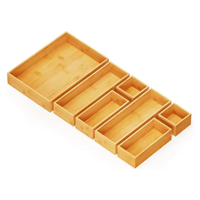 7-Piece Bamboo Drawer Organizer Set – Multi-Use Divider Bins for Kitchen, Bathroom, Office, and Makeup Storage, Natural