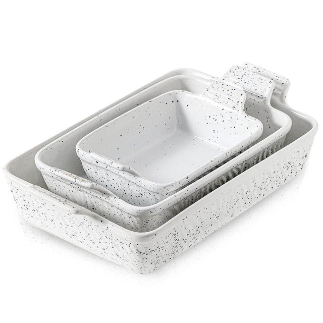 KOOV Bakeware Set, Ceramic Baking Dish, Rectangular Lasagna Pans for Cooking, Cake Dinner, Kitchen, 9 x 13 Inches, 3-Piece, Splash Series (Splashed White)