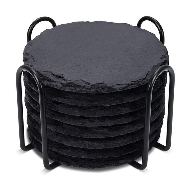 ZJNAYZF Coasters Set of 8 with Holder | Black Slate Stone Drink Coasters | Handmade Natural Rough Edges | Durable for Home Office Kitchen Bar | Round 4 Inch Non-Slip Backing