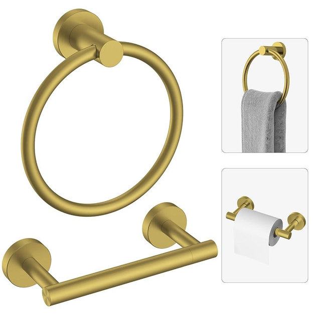 Evolvegoods Brushed Gold Toilet Paper Holder & Towel Holder, Bathroom Hardware Set-SUS304 Stainless Steel Double Post Pivoting Tissue Roll Holder and Hand Towel Ring Set for Bathroom, RV