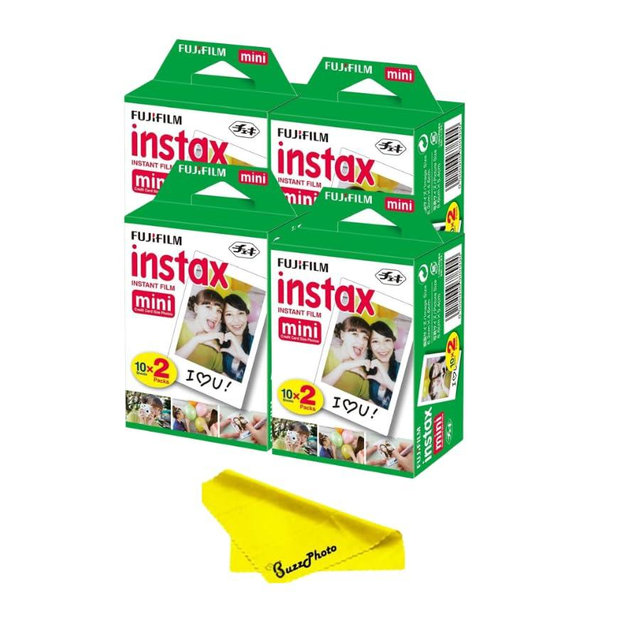 Fujifilm Instax Mini Twin Pack Picture Format Instant Daylight Film for Fujifilm Instax Mini Instant Cameras w/BuzzPhoto Microfiber Cleaning Cloth (4 Twin Packs (80 Sheets))