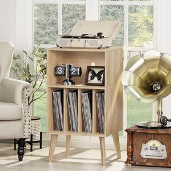Lerliuo Record Player Stand, Burlywood Turntable Stand Holds up to 160 Albums, Mid-Century Vinyl Storage Cabinet Table with Solid Wood Legs, Record Player Holder Dispaly Shelf for Bedroom Living Room