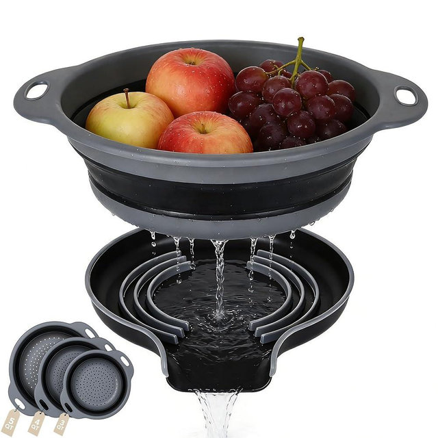 Collapsible Colander Set of 3 with Kitchen Counter Self-draining Base, Round Silicone Food Foldable Strainer for Cooking Pasta, Vegetables and Fruit (3QT, 4QT and 5QT)