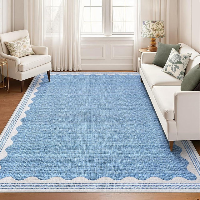 GarveeHome Scalloped Washable Rugs 9x12 Rug for Living Room Non-Slip Solid Blue Modern Minimalism Low-Pile Carpet 9 x 12 Rug for Bedroom Dining Nursery Mat with Rubber Back