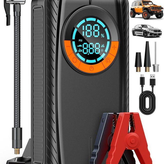 HIPOM Jump Starter with Air Compressor, Car Battery Jump Starter (8.0 Gas/7.0L Diesel), Battery Jumper Starter Portable Jump Box, 12V Portable Car Jump Starter with Tire Inflator, LED Light (Classic)