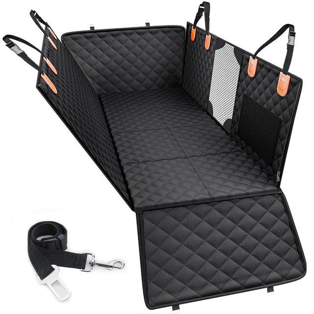 PETICON Back Seat Extender for Dogs, Hard Bottom Pet Seat Cover - Supports 400lbs, Waterproof Rear Seat Cover with Mesh Window for Ford/GMC/Chevrolet/Toyota/RAM Crew Cab Trucks&Full-Size