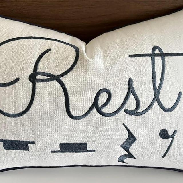 YugTex Rest Sentiment Cotton Embroidered Decorative Lumbar Accent Throw Pillowcase - Gift for Music Lover, Bedroom Decor - 12x18 Inches, Offwhite