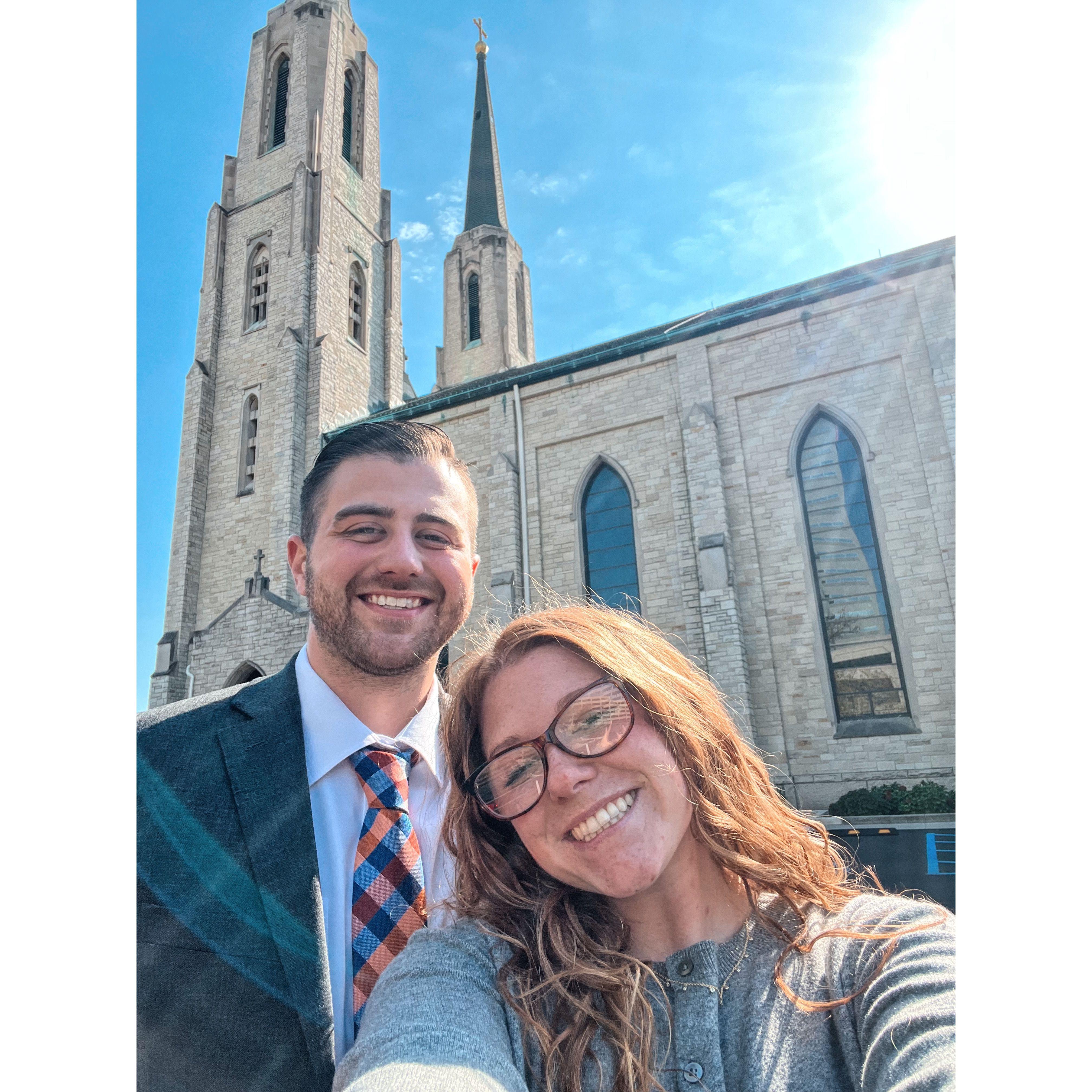 We took this photo outside of the Cathedral in downtown Fort Wayne. Little did Bailey know she would be getting engaged here months later!