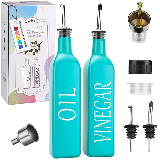 [Newest Set]Teal Oil and Vinegar Dispenser Set by DANWEITESI,Turquoise Olive Oil Dispenser Bottle+Vinegar Bottle with Stainless Steel Pouring Spout,17 oz-Turquoise Kitchen Decor and Accessories