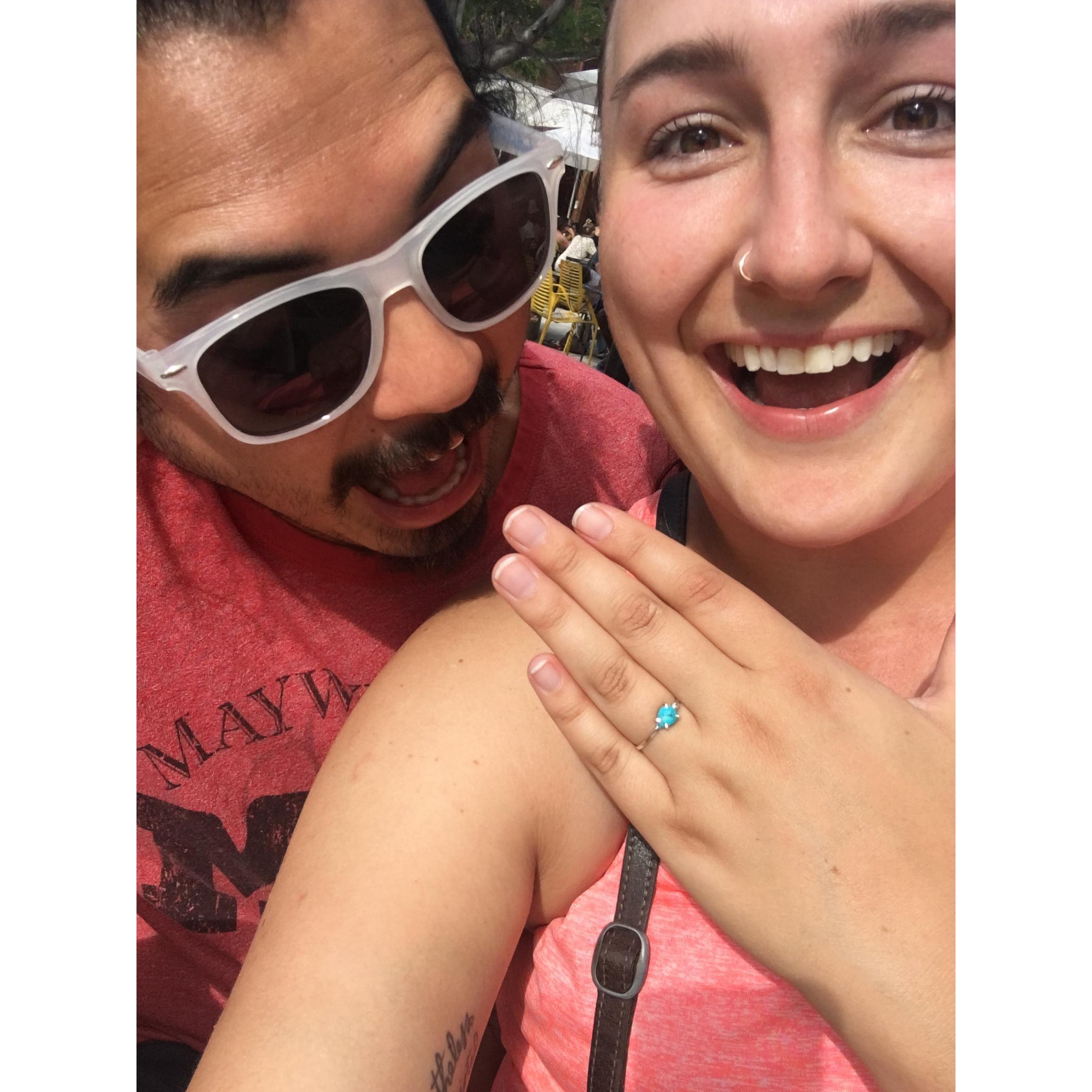 The day we got engaged. Robbie had been hanging on to this turquoise number for me for 6 months before he asked. I was surprised as we had picked out a different ring together that was being made.