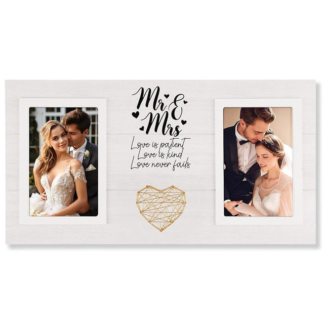 Calibron Personalized Wedding Gifts for Couples, Bridal Shower Gift for Bride, Mr & Mrs Photo Frame Holds 2pcs 4x6 Pictures, Unique Wedding Gifts for Newlyweds(White)
