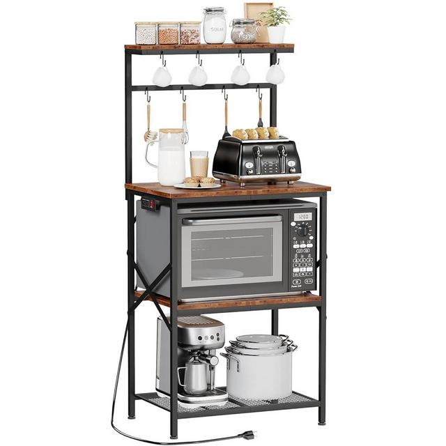 Kitchen Bakers Rack with Power Outlet, Small Microwave Stand with Adjustable Storage Shelves, Coffee Bar Table with 8 Hooks, 4 Tiers Kitchen Coffee Stand Station for Small Space, Rustic Brown