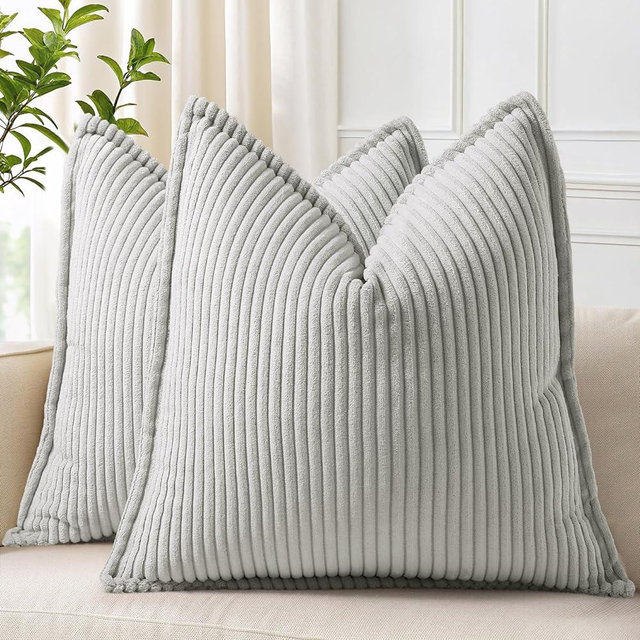 decorUhome Summer Corduroy Grey Euro Sham Throw Pillow Covers 26x26 Set of 2 Decorative Soft Boho Farmhouse Couch Pillow Covers for Living Room Bed Sofa Broadside Striped Pillow Cases