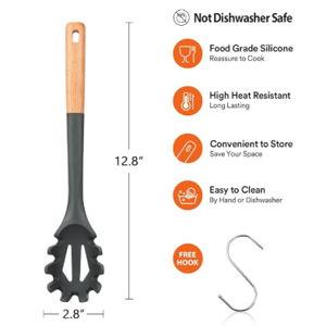 Silicone Pasta Fork, Kitchen Heat Resistant Noodle Spoon Server, BPA Free Spaghetti Strainer,12.8 inch (Grey)