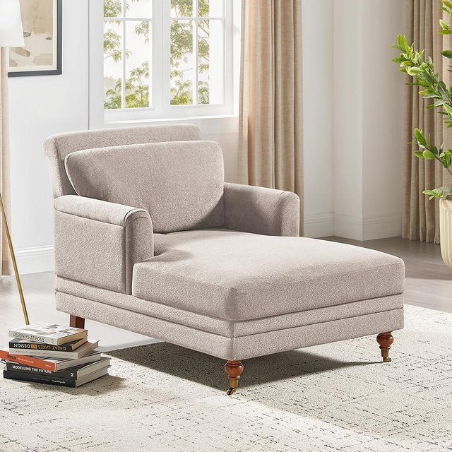 VANOMi 57.48'' Chaise Lounge Chair Indoor, Modern Chenille Chaise Lounge Couch with Adjustable Deep Backrest, Upholstered Leisure Recliner Chair for Living Room, Apartment, Bedroom, Camel Color