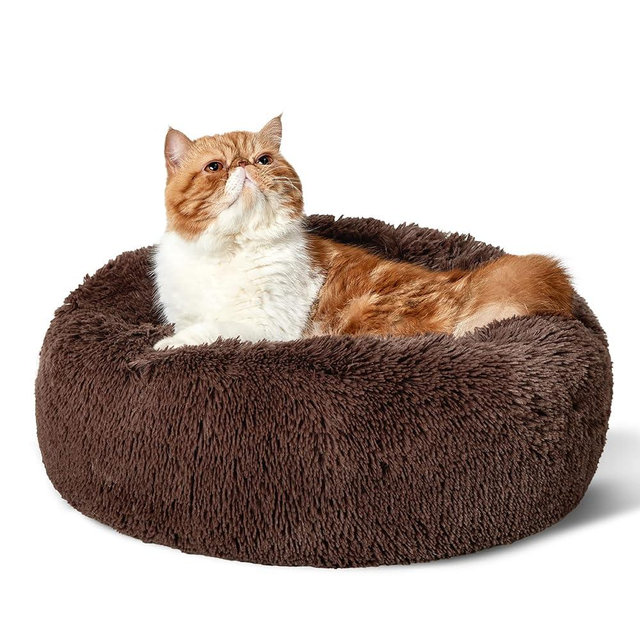 Bedsure Calming Cat Beds for Indoor Cats - Small Cat Bed Washable 20 inches, Anti-Slip Round Fluffy Plush Faux Fur Pet Bed, Fits up to 15 lbs Pets, Coffee