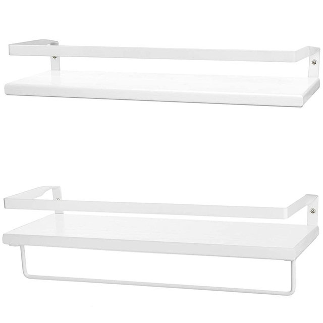 Peter's Goods Modern Floating Shelves with Rail - Wall Mounted Bathroom Wall Shelves with Towel Bar - Also Perfect for Bedroom Decor and Kitchen Storage - Solid Paulownia Wood Shelf Set of 2 (White)