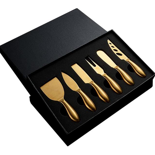 Golden Cheese Knife Set 6 Piece, Stainless Steel Cheese Cutter , Cheese Spreader knife with Ergonomic Handle, Cheese Shaver and Fork for Holiday, Birthday, Wedding, Party