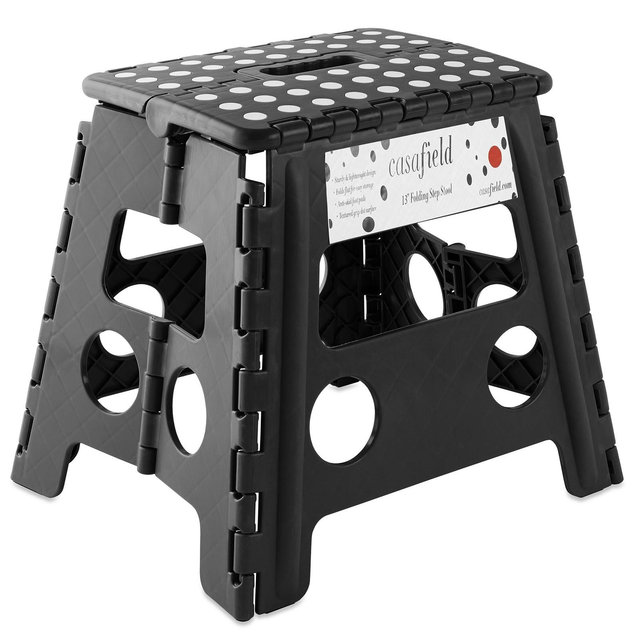 Casafield 13" Folding Step Stool with Handle - Black, Collapsible Foot Stool for Adults, Use in Kitchen and Bathroom