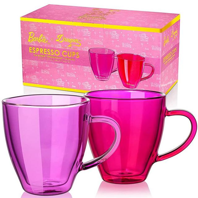 Barbie x Dragon Glassware Espresso Cups, Barbie Dreamhouse Collection, Pink and Magenta Glasses, Double Wall Insulated Coffee Cups, Keeps Beverages Hot or Cold Longer, 6 oz Capacity, Set of 2