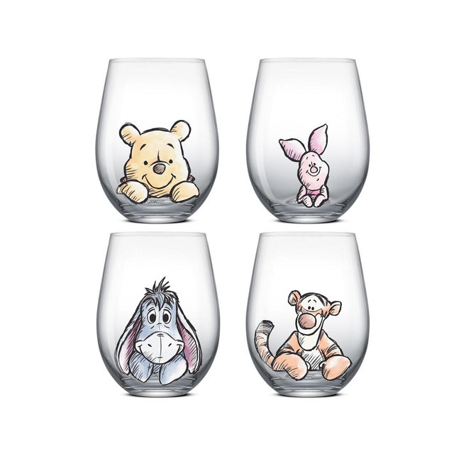 JoyJolt Disney Winnie Pooh Exploring Classic Stemless Wine Glasses, Set of 4