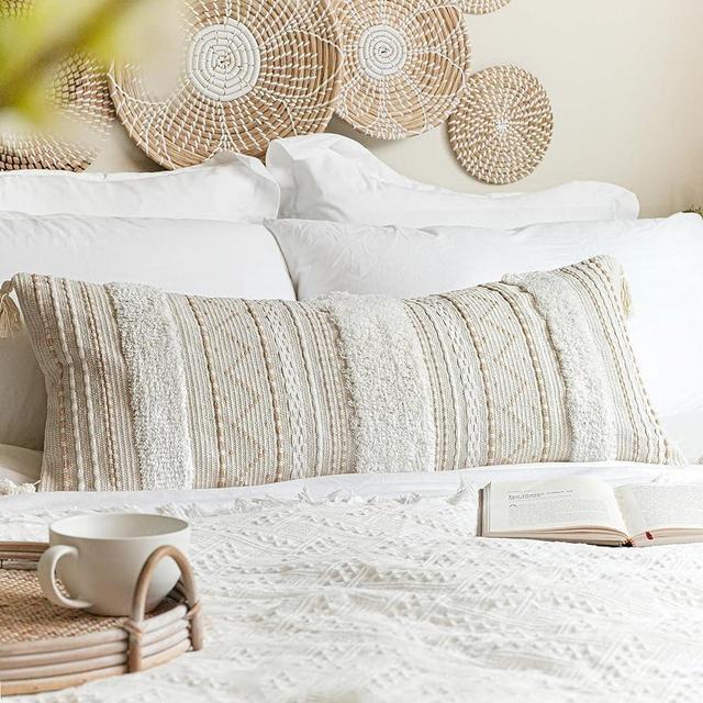 BlissBlush Cream Boho Lumbar Throw Pillow Cover 14x36 inch, Decorative Long Pillow for Bed, Acccent Lumbar Pillow Case for Couch, Farmhouse Textured Body Lumbar Pillow, Cover ONLY