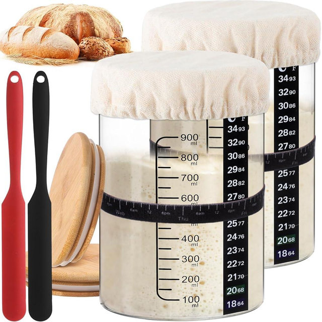 Yungyan 2 Sets Sourdough Starter Jar 34 oz Sourdough Starter Kit with Thermometer, Scraper, Cloth Cover and Bamboo Lid Wide Mouth Sour Dough Jar Container Bread Kit