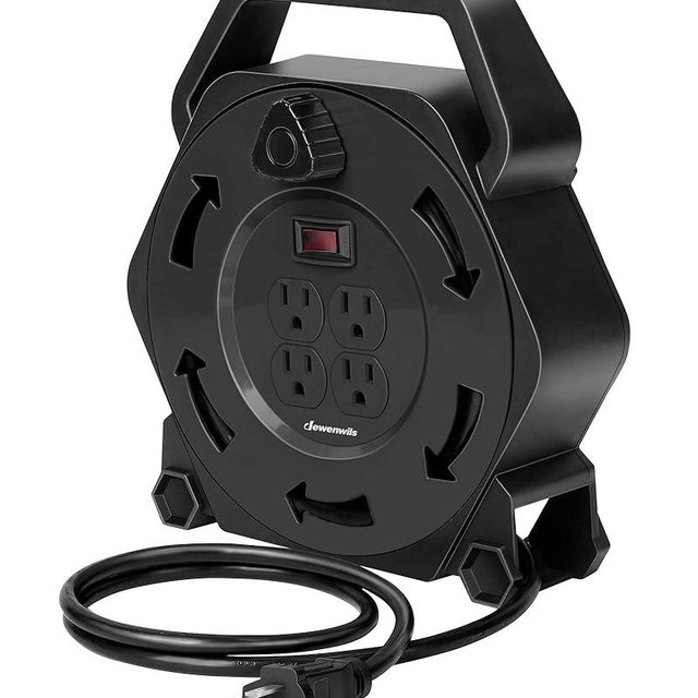 DEWENWILS Extension Cord Reel with 25 FT Power Cord, Hand Wind Retractable, 16/3 AWG SJTW, 4 Grounded Outlets, 13 Amp Circuit Breaker, Black, UL Listed