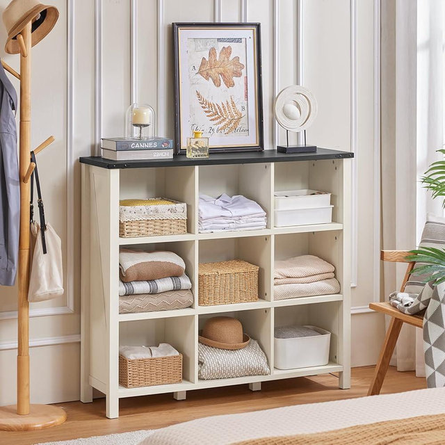 Joaxswe 9 Cube Bookcase, Farmhouse 47 Inch Wide White Bookshelf, Wooden 3 Tier Display Large Open Book Shelf, Vintage Horizontal Book Case for Home Office, Cubby Storage Cabinet for Living Room
