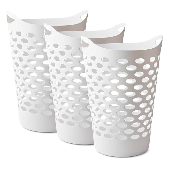 2.2 BUSHEL Flexible Laundry Basket,Tall plastic hamper for Clothes, Bedroom, and Storage - Portable Round Bin with Carry Handles 17.75" x 17.25" x 26", White,Black,3 pack (White)