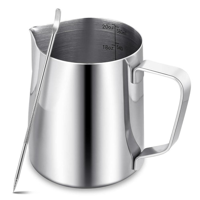 Milk Frothing Pitcher,Milk Steaming Frother Cup,Barista Cappuccino Latte Art Milk Jug with Decorating Pen,Stainless Steel Espresso Coffee Bar Accessories Tools (Silver, 20oz)