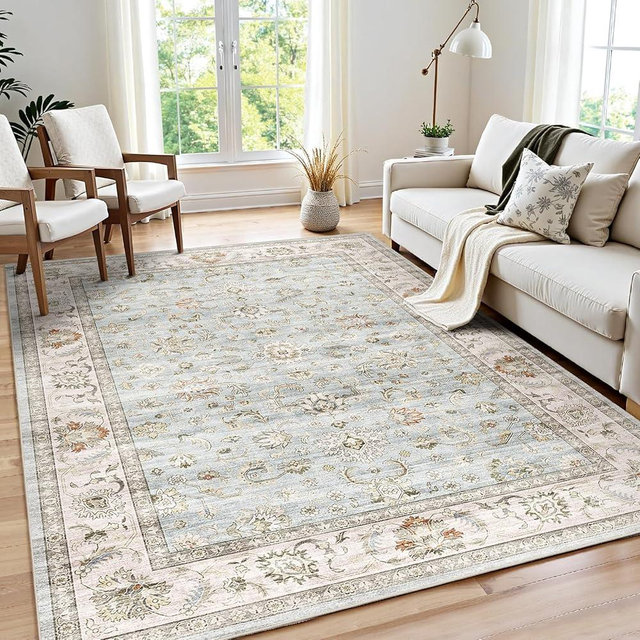 WITSHOCK 6x8 Area Rugs for Living Room: Machine Washable Non Slip Vintage Carpet - Low Pile Lightweight Print Rug for Bedroom Dining Room - Stain Resistant for Household - Pet Owners (Light Blue)