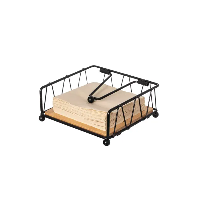 Basicwise Flat Metal Square Napkin Holder with Weighted Arm and a Wooden Tray Perfect for Adorning Dining Table, Kitchen Countertop or Bathroom