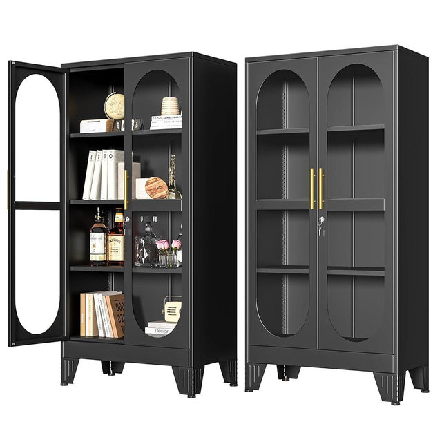 PAOFIN 61" H Locking Display Cabinet with Glass Door, Metal Cabinets with 3 Adjustable Shelves, Cabinet Display Case for Living Room, Collectibles, Clinic, Home - Assembly Required Black
